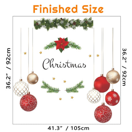 Christmas Wall Decals Hanging Ball Window Wall Stickers Decorations, Golden Star Red Hanging Balloon Wreath Wall Decor Posters Vinyl Removable Xmas Decals Party Supplies