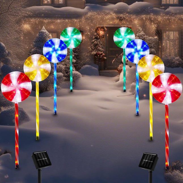 Christmas Solar Pathway Lights, 27" Set of 4 Lollipops Peppermint Stake Lights, 8 Modes Candy Cane Walkside Lights, Outdoor Xmas Decoration for Walkway,Yard(Red,Green,Blue,Yellow) (8PCS-Multicolor)