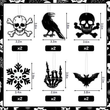 Black Gothic Christmas Tree Decorations with Scary Skull Christmas Tree Skirt, Large Decorative Tree Topper Bow, 12Pcs Tree Hanging Ornaments for Winter Halloween Xmas Tree Decor