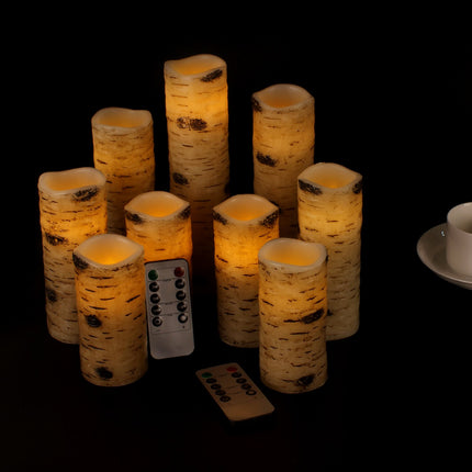Flameless Candles Birch Bark Effect Battery Operated Candles 4" 5" 6" 7" 8" 9" Set of 9 Real Wax Pillar LED Candles Each Candle 2.2" Diameter with 10-Key Remote Control 2/4/6/8 Hours Timer