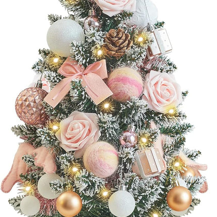 WBHome 1.8 Feet Pre-lit & Pre-Decorated Tabletop Christmas Tree, Rose Gold Ornament Decorations with Pine Cones, Snow Flocked Mini Christmas Tree with Lights, 35 Bulbs (1.8FT)