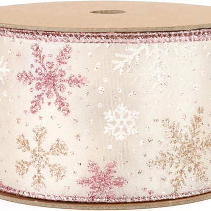 LaRibbons Pink Christmas Wired Ribbon, 2.5 Inch x 10 Yards Champagne Pink Snowflake Satin Ribbon for Tree Decoration,Wreath,Bows, Wrapping