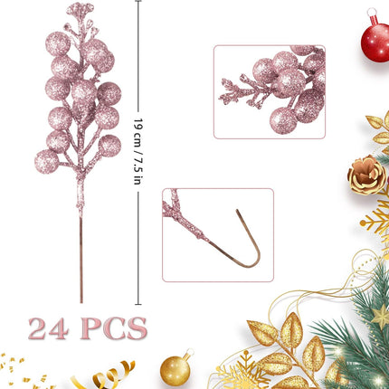 24 Pack Glitter Pink Berry Stems,7.5 Inch Christmas Sparking Red Faux Winter Berry Sprigs,Artificial Red Berries Branches for Christmas Tree Garland Wreath Crafts Season Winter Home Decor