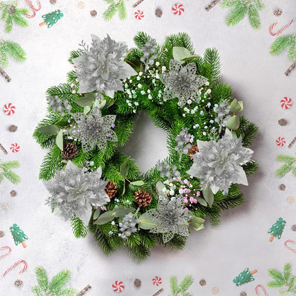 Sliver Christmas Flowers Artificial, 28 Pack sliver Poinsettia Artificial Christmas Flowers and Berry Stems for Christmas Tree decorations Xmas home Decor for Wreath Holiday Party indoor outdoor