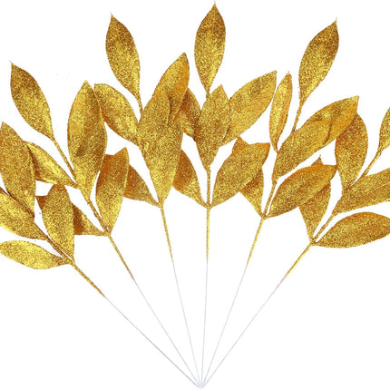 Felice Arts 6 Pack Artificial Golden Glitter Leaves 13" Fake Christmas Picks Decorative Glitter Sticks for Vase Christmas Tree DIY Wreath Crafts Fireplace Decor