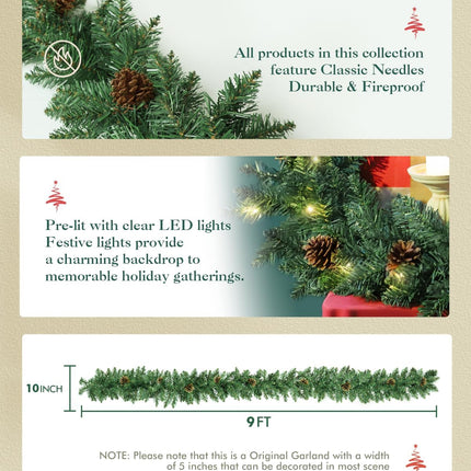 Pre-lit Christmas Garland 9FT - with Red Berries & Pine Cone Pair of Holiday Artificial Decor for Stairs Wall Door Indoor Outdoor Garland with Battery Operated Timer