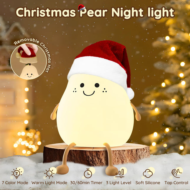 Cute Fruit Pear Night Light Rechargeable with 7 Color Changing and Timer, Kids Pear Night Light for Toddler Baby Christmas s, Touch Portable LED Silicone Lamp for Nursery