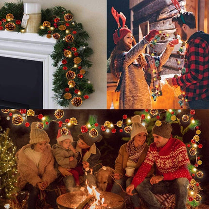 Christmas Garland with Lights,Red Berry Pine Cone Garland,6.56FT 20 LED Battery Operated Christma Garland String Lights,Xmas Decor for Home Table Fireplace Mantel Christmas Decorations