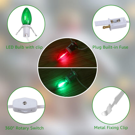 Christmas Village Lights - Blow Molded Light Cord,with 8 LED Red & Green Bulbs,14 ft Long with Switches C7 LED Light String is Suitable for Christmas House Lights and Holiday Craft Decorations