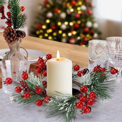 Christmas Candle Rings - Christmas Candle Wreath Garland for 3" Dia Pillar Candles with Artificial Red Berries, Xmas Wreath Candle Holder for Christmas Wedding Holiday Table Centerpiece Party Decor