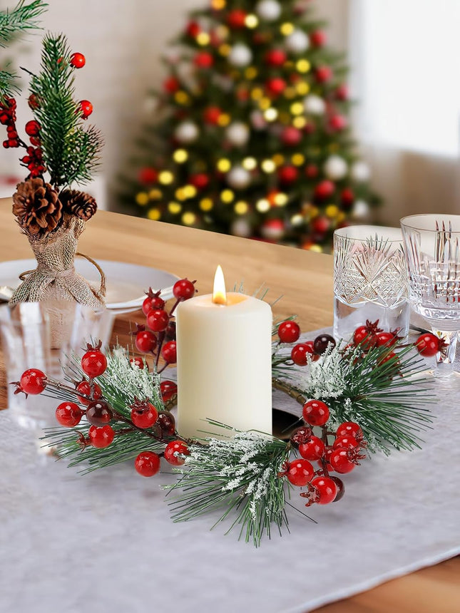 Christmas Candle Rings - Christmas Candle Wreath Garland for 3" Dia Pillar Candles with Artificial Red Berries, Xmas Wreath Candle Holder for Christmas Wedding Holiday Table Centerpiece Party Decor