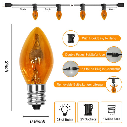 25ft C7 Clear Flame String Outdoor&Indoor Light for Christmas Halloween, 25 C7 Orange Flame Light Bulb(Plus 2 Extra Bulbs) 1W, C7/E12 Base-Black Wire