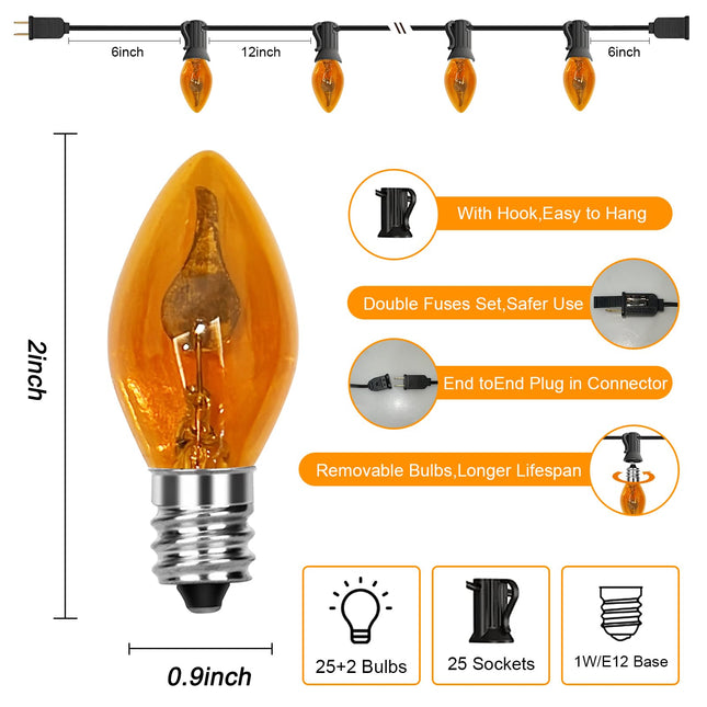 25ft C7 Clear Flame String Outdoor&Indoor Light for Christmas Halloween, 25 C7 Orange Flame Light Bulb(Plus 2 Extra Bulbs) 1W, C7/E12 Base-Black Wire