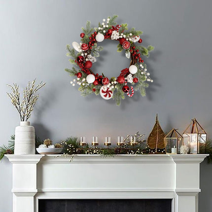 20-Inch Artificial Christmas Wreaths for Front Door Red Green White Winter Decorations with Xmas Baubles Ball Ornaments, Spiral Peppermint, Candy Canes, Holly Berries, Pine Greenery Branches (Candy)