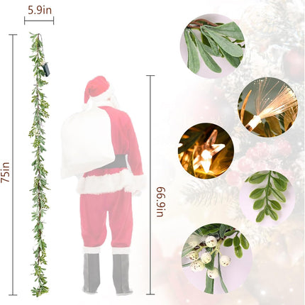 Christmas Garland with Lights, LOFTANK 6.25 FT Pre-lit Artificial Greenery Olive Garland, Battery Operate, Decorate Mantle, Fireplaces, Front Door, Stairs Railing Xmas Decorations