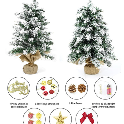 24 Inch Snowy Mini Christmas Tree with LED Lights, Small Xmas Tabletop Tree with Christmas Ornaments, Artificial Desktop Xmas Tree with Cloth Bag Base, Best DIY Christmas Holiday Party Decorations