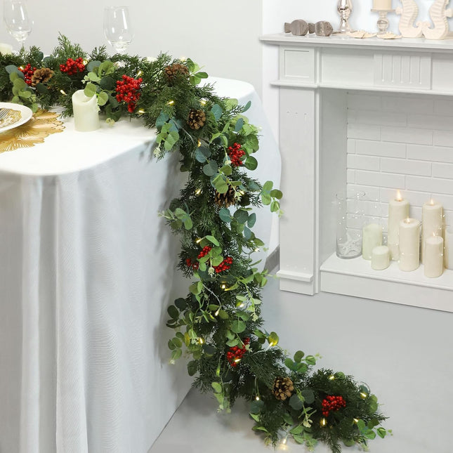 Christmas Garland,Artificial Pine Cypress Garland with Berry and Pinecone,Christmas Greenery Garland for Mantle,Table,Stair Handrail,Indoor,Outdoor Christmas Decorations(5.9FT