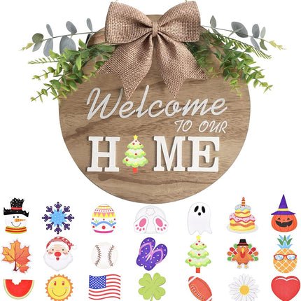 Interchangeable Welcome Home Sign, Seasonal Front Porch Door Decor With 21 Changeable Icons for Halloween /Christmas/Independence Day, Rustic Wood Wreaths Wall Hanger for Housewarming (12in)