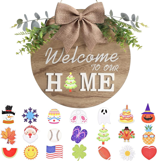 Interchangeable Welcome Home Sign, Seasonal Front Porch Door Decor With 21 Changeable Icons for Halloween /Christmas/Independence Day, Rustic Wood Wreaths Wall Hanger for Housewarming (12in)
