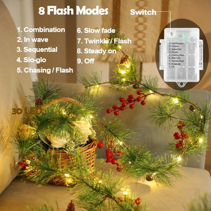 Christmas Garland Lights 6.56 FT Smokey Pine Garland with 30 LED Fairy Lights Battery Operated Garland Lights with Red Berries Bells Pine Cones Garland Christmas Lights Indoor Home Decorations