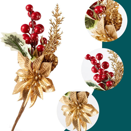 16 Pieces 9-13 Inch Large Artificial Christmas Tree Picks Red Berry Pine Branches Flower Pick for Christmas Wreath Festive Season Decor