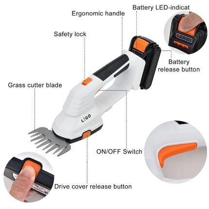 LIGO 20V Cordless Grass Shear for Gardening, 2000mAh Lithium-ion 2 in 1 Battery Hedge Trimmer, Shear Shubber Trimmer Including Battery and Charger