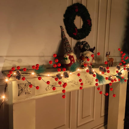 2 Pack Pine Cone Christmas String Lights Christmas Garland, Total 12Ft 40LED Battery Operated Christmas Garland with Lights Timer Red Berry Pinecones Fairy String Lights Xmas Decoration Indoor Outdoor