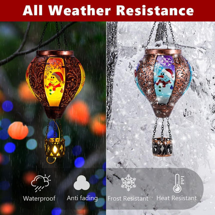 DREAMSOUL Christmas Hot Air Balloon Solar Lantern, Solar Snowman Decorative Solar Lantern with Candle Holder, Hanging Christmas Lantern with Flickering Flame for Garden Patio Snowman Decor