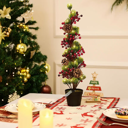 HiiARug 2 Packs Pre-lit Artificial Mini Christmas Tree, 21" Pre-lit Christmas Tree Tabletop Trees with Pine Cones, Red Berries, Pot Faux Christmas Tree for Front Porch Indoor Outdoor Christmas Decor