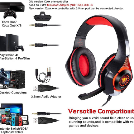 Stereo Gaming Headset for PlayStation 4 PS4, Over-Ear Headphones With Mic and LED Lights for Xbox One, PC, Laptop (Red)