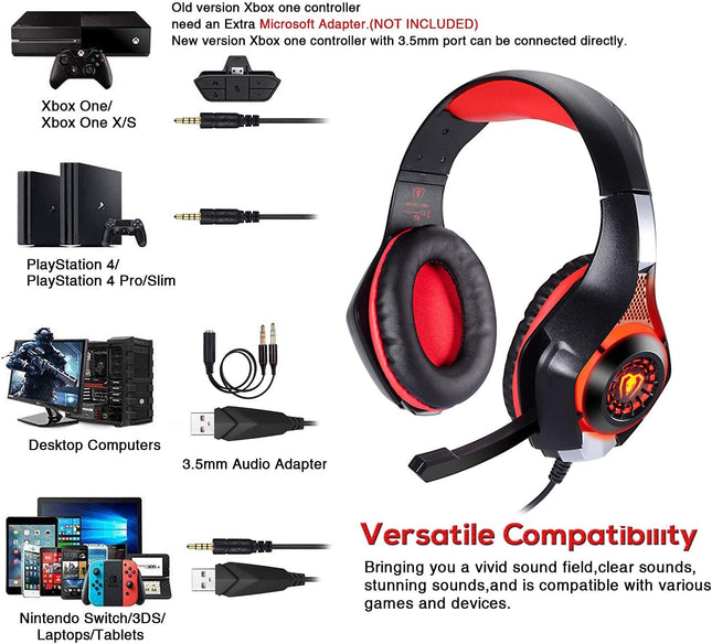 Stereo Gaming Headset for PlayStation 4 PS4, Over-Ear Headphones With Mic and LED Lights for Xbox One, PC, Laptop (Red)