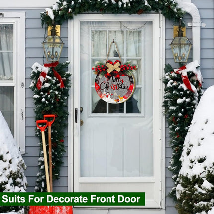[Pre-Lit & Timer] Merry Christmas Wreath Sign for Front Door Sign with Lights Christmas Decorations Battery Operated Buffalo Plaid Bow Snowflake Snowman Decorated Window Wall Home Decor Xmas Farmhouse