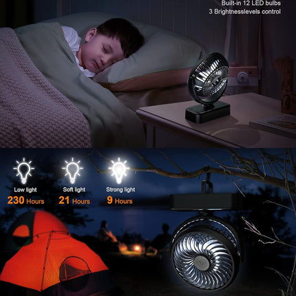 Portable Camping Fan, Small Tent Fan With Hanging Hook, 40 Working Hours Rechargeable Usb Battery Fan With Led Lights For Desk