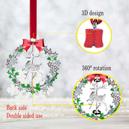 Christmas Ornament with Metal Christmas Wreath,Funny Holiday Xmas Keepsake Pendant,Shiny Silver Christmas Deer Ornaments Decorated with Snowflakes,Holiday Decorative s for Family Friends