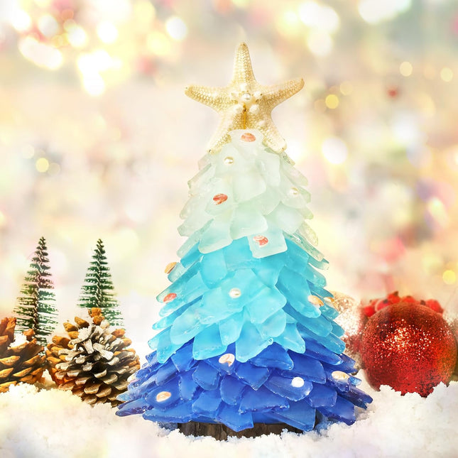 Sea Glass Christmas Tree - Handcrafted Mini Christmas Tree, Table Centerpiece - Ideal for Christmas, Year, Home Decor, Coastal Holiday Decor and More (Blue Gradient)