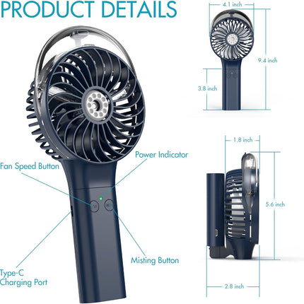 Comlife Portable Handheld Misting Fan, 3000Mah Rechargeable Battery Operated Spray Water Mist Fan, Foldable Mini Personal Fan