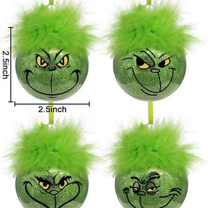Green Christmas Decorations Indoor: 24pcs Cute Christmas Thief Tree Ornaments with Fluffy Green Hair, Funny Hanging Xmas Balls for Tree Mantel, Kids Home School Office Party Décor