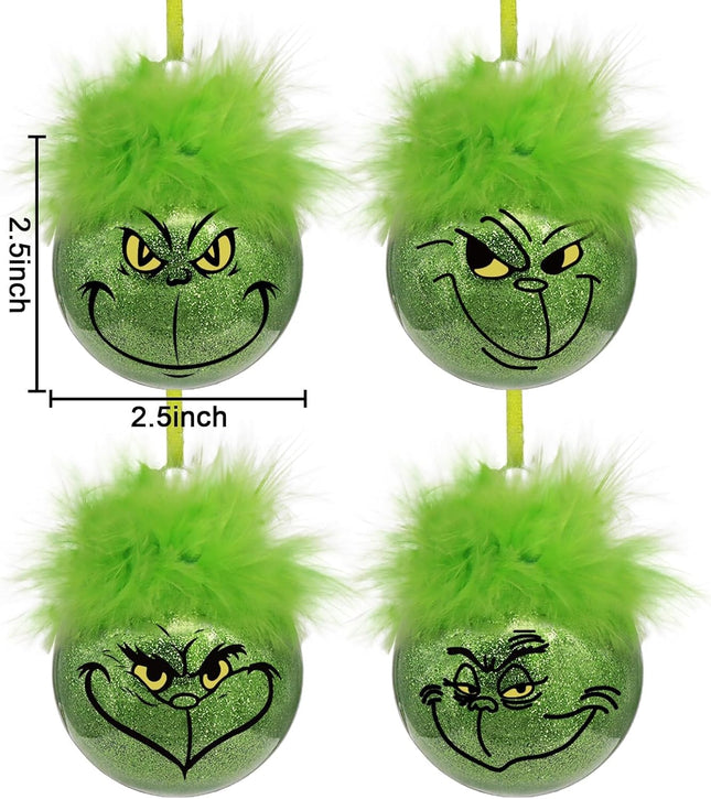 Green Christmas Decorations Indoor: 24pcs Cute Christmas Thief Tree Ornaments with Fluffy Green Hair, Funny Hanging Xmas Balls for Tree Mantel, Kids Home School Office Party Décor