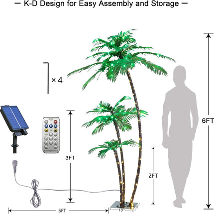 LIGHTSHARE Lighted 6FT Gorgeous Palm Tree 3Trunks Artificial Palm Tree 203LED Lights for Decoration Outdoor and Indoors Tiki Bar Christmas Patio Pool-Solar