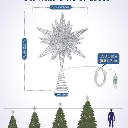 Luxspire Christmas Tree Topper, Double-Layer Glitter Metal 3D Lighted Tree Topper with USB Plug in & Remote Control, 10.6" Christmas Decorations Lights for Home Party, Silver