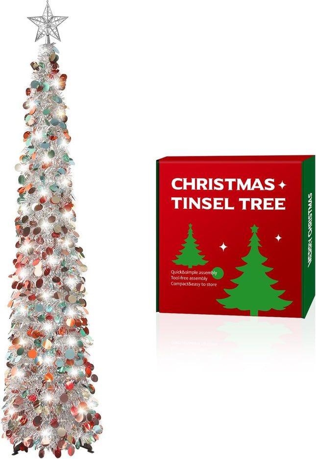 5FT Pop Up Christmas Tinsel Tree with 2 Modes 50 LED Lights and Colorful Sequins Ornaments, Easy-Assemble and Store for Xmas Home Holiday Fireplace Party Decorations (Silver)