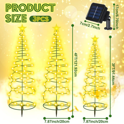 VIHOSE 3 Pcs Solar Spiral Christmas Tree Outdoor Prelit LED Light with Warm White Lights, 8 Modes, One 3 ft and Two 4 ft Light up Xmas Pathway Markers Indoor Holiday Christmas Decoration Lamp