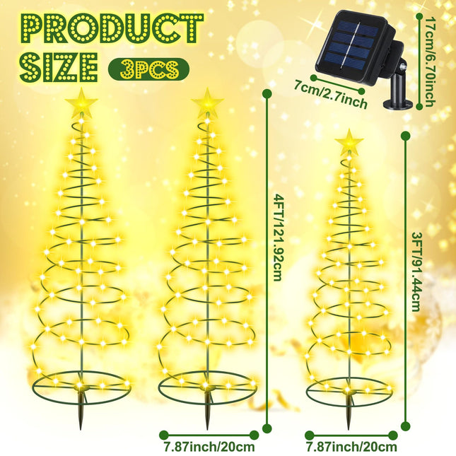 VIHOSE 3 Pcs Solar Spiral Christmas Tree Outdoor Prelit LED Light with Warm White Lights, 8 Modes, One 3 ft and Two 4 ft Light up Xmas Pathway Markers Indoor Holiday Christmas Decoration Lamp