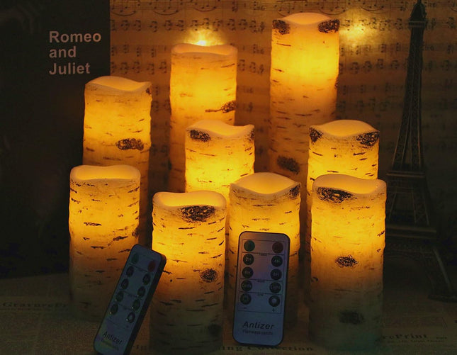 Flameless Candles Birch Bark Effect Battery Operated Candles 4" 5" 6" 7" 8" 9" Set of 9 Real Wax Pillar LED Candles Each Candle 2.2" Diameter with 10-Key Remote Control 2/4/6/8 Hours Timer