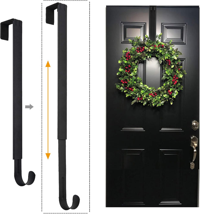 Wreath Hanger, Adjustable Over The Door Wreath Hanger from 14.9 to 25 Inches & Wreath Holder & Wreath Door Hanger for Front Door Decor 20 lbs Larger Christmas Decorations Hook (Black)