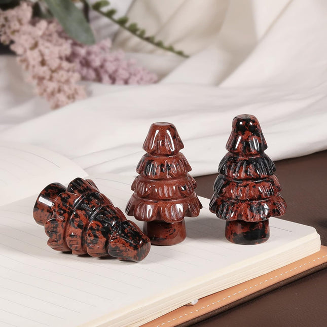 1.97" Handheld Mini Christmas Tree Table Ornament Home Office Desk Decor for Christmas Reiki, Healing Crystal Feng Shui Good Luck Stone, Mahogany Obsidian