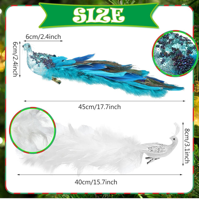 Giegxin 3 Pcs Peacock Christmas Tree Ornaments 17.7 Inch Artificial Peacock Birds Ornament Glitter Peacock Sequin Birds Clip on Christmas Tree Ornaments Peacock for Christmas Tree Decor