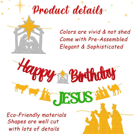 Happy Birthday Jesus Banner for Christian Winter Merry Christmas Garland Jesus's Bday Party Supplies Gold and Green Decorations