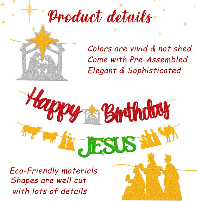 Happy Birthday Jesus Banner for Christian Winter Merry Christmas Garland Jesus's Bday Party Supplies Gold and Green Decorations