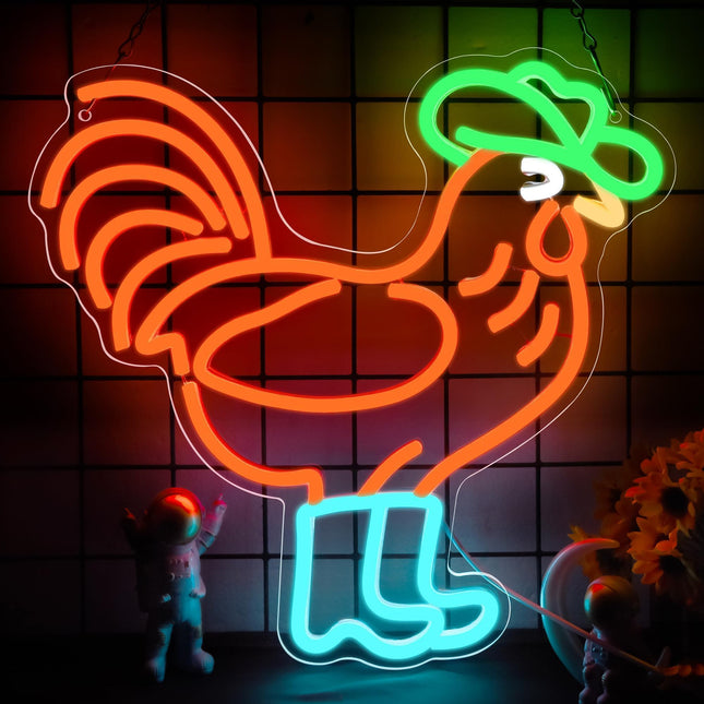 Chicken Rooster Neon Sign for Wall Decor Cowboy Cock LED Light Up Sign Western Wall Decor for Man Cave,Cowboy Decor for Bar Pub,Club,Birthday Christmas Signs for Boys,Kids,Size 13.813.8inch(FMXD207)